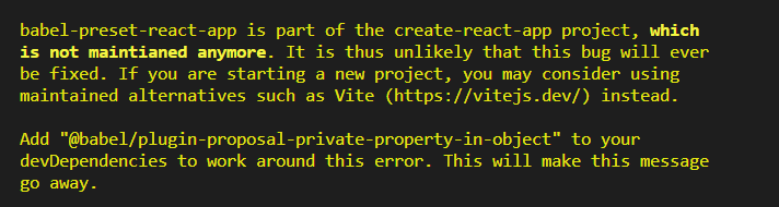 Screenshot of console output informing users that the create-react-app project is no longer maintained