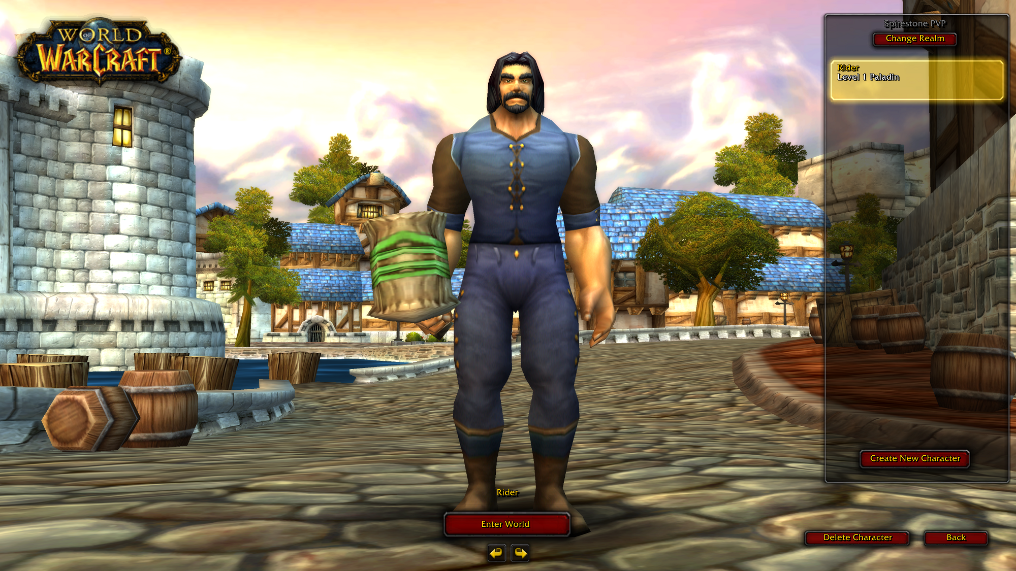 A screenshot of the World of Warcraft client showing the character selection screen with a Human Paladin named Rider