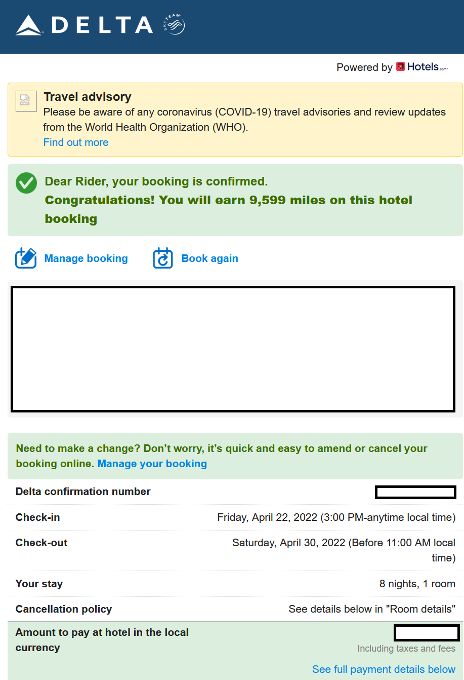Hotel points email confirmation